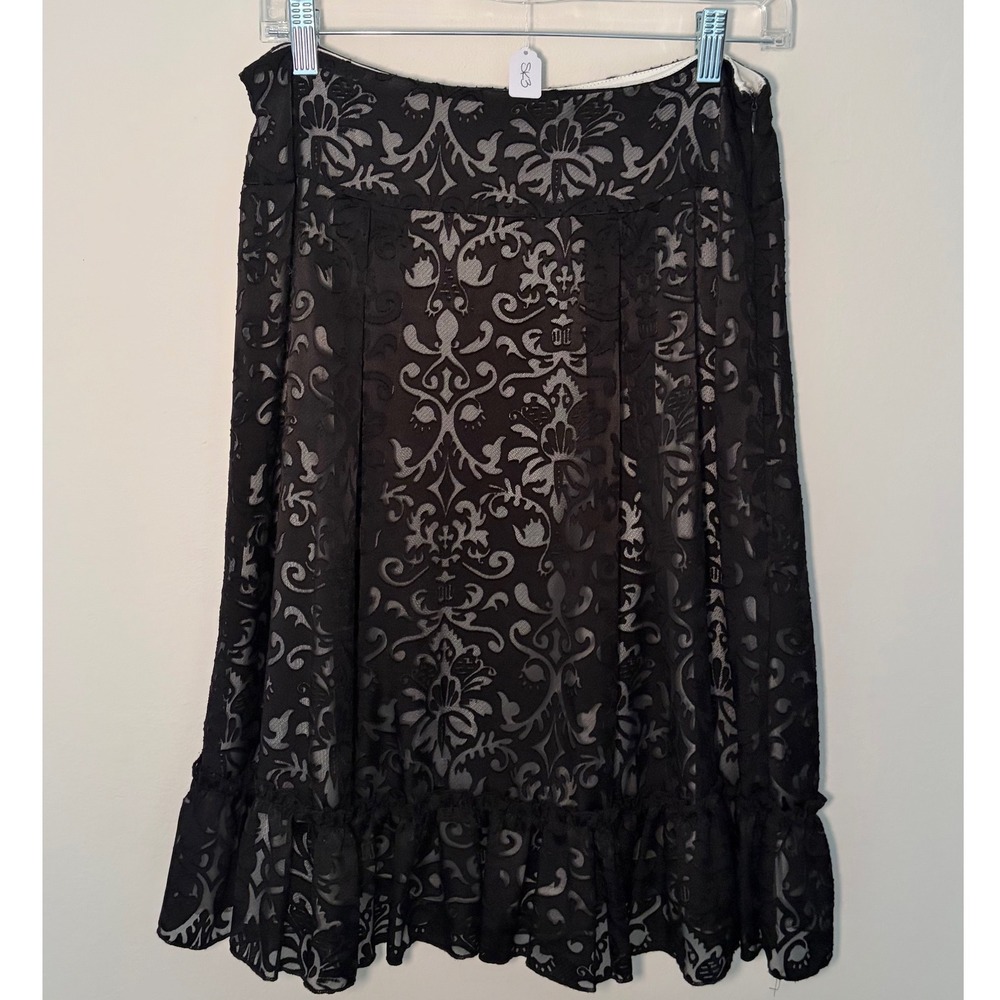 Apostrophe Black Damask Burnout Ruffle Hem A-Line Skirt Size 6 Floral Scroll